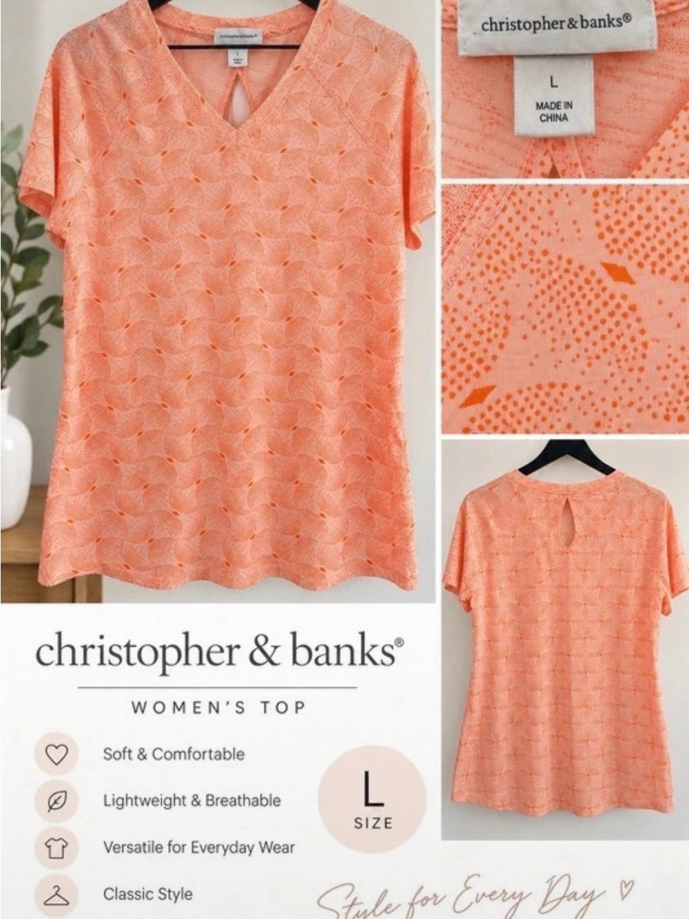 Christopher & Banks Peach V-Neck Short Sleeve Tee with Subtle Print